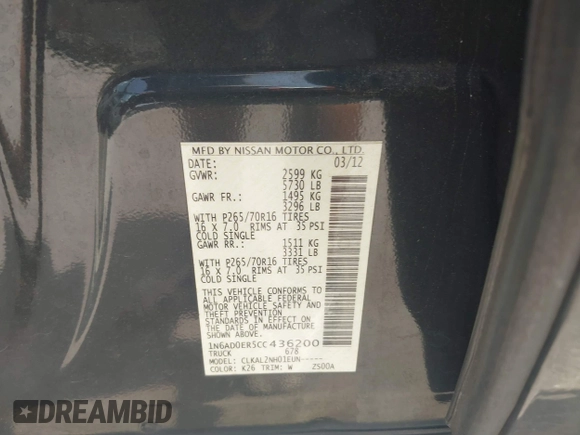 2012 Nissan Frontier SV z VIN 1N6AD0ER5CC436200, wystawiony jako IAAI lot #42400846 z przebiegiem 166 204 mil mil oraz . Historia ofert i sprzedaży dostępna na DreamBid. Obrazek 9.