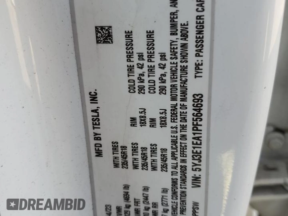 2023 Tesla Model 3 z VIN 5YJ3E1EA1PF564693, wystawiony jako Copart lot #68504674 z przebiegiem 25 183 mil mil oraz Szkoda całkowita • Salvage title. Historia ofert i sprzedaży dostępna na DreamBid. Obrazek 12.