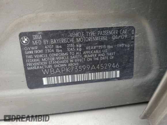 2009 BMW 3 Series 328i xDrive с VIN WBAPK73599A452946, выставлен на аукционе Copart как лот 60705375 с пробегом 179 321 миль миль и Списание • Salvage title. История ставок и продаж доступна на DreamBid. Изображение 13.