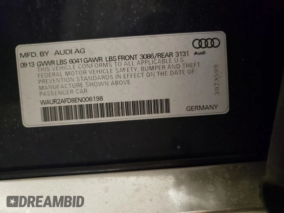 2014 Audi A8 4.0T with VIN WAUR2AFD8EN006198, listed as a Copart auction lot 85272544 with 105,058 mi miles and Salvage Title. Bid and sale history available at DreamBid. Image 12.