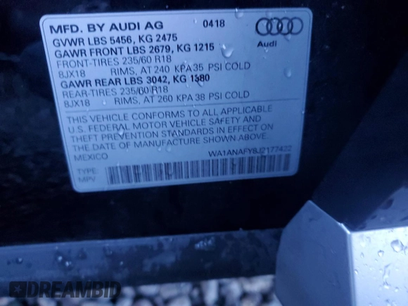 2018 Audi Q5 Premium with VIN WA1ANAFY8J2177422, listed as a Copart auction lot 85524884 with 93,624 mi miles and Salvage Title. Bid and sale history available at carsss.com. Image 12.