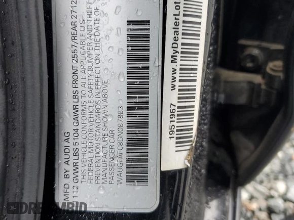 2013 Audi A6 Premium Plus z VIN WAUGFAFC8DN087883, wystawiony jako Copart lot #54661305 z przebiegiem 161 079 mil mil oraz Szkoda całkowita • Salvage title. Historia ofert i sprzedaży dostępna na DreamBid. Obrazek 12.