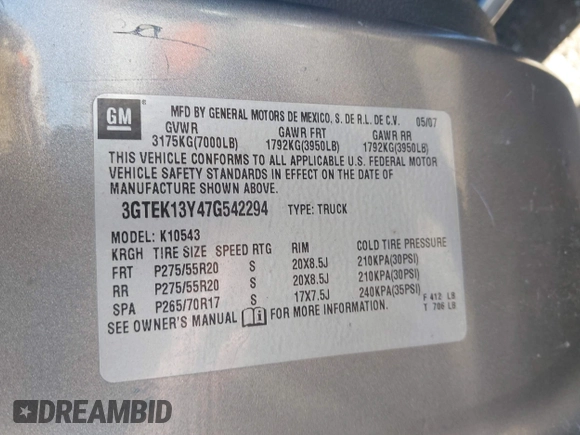 2007 GMC Sierra 1500 with VIN 3GTEK13Y47G542294, listed as a IAAI auction lot 41877821 with 245,731 mi miles and . Bid and sale history available at DreamBid. Image 9.