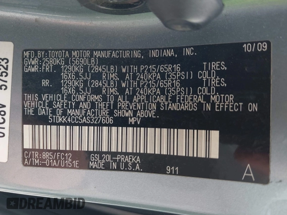 2010 Toyota Sienna CE с VIN 5TDKK4CC5AS327606, выставлен на аукционе IAAI как лот 42297187 с пробегом 248 029 миль миль и . История ставок и продаж доступна на DreamBid. Изображение 9.