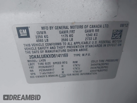 2013 GMC Terrain SLT with VIN 2GKALUEKXD6141169, listed as a IAAI auction lot 42766772 with 232,160 mi miles and . Bid and sale history available at DreamBid. Image 9.