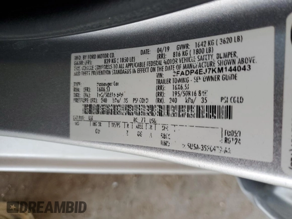 2019 Ford Fiesta SE with VIN 3FADP4EJ7KM144043, listed as a Copart auction lot 42616965 with 113,669 mi miles and Salvage Title. Bid and sale history available at DreamBid. Image 14.