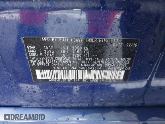 2016 Subaru Legacy 2.5i Limited with VIN 4S3BNAJ64G3042344, listed as a IAAI auction lot 41505405 with 63,427 mi miles. Bid and sale history available at carsss.com. Image 9.