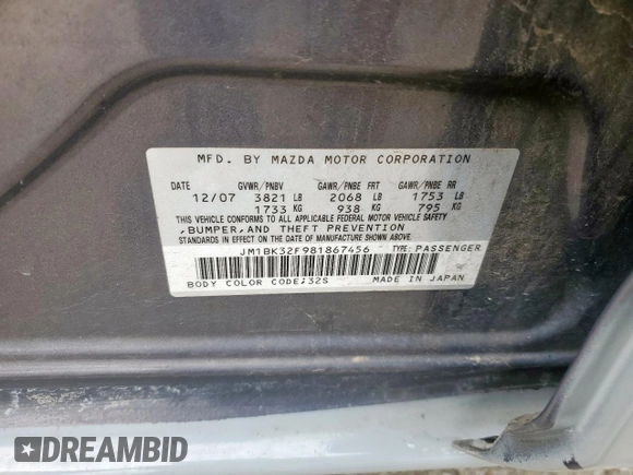 2008 Mazda 3 i Touring with VIN JM1BK32F981867456, listed as a Copart auction lot 54447665 with 137,246 mi miles and Salvage Title. Bid and sale history available at DreamBid. Image 13.