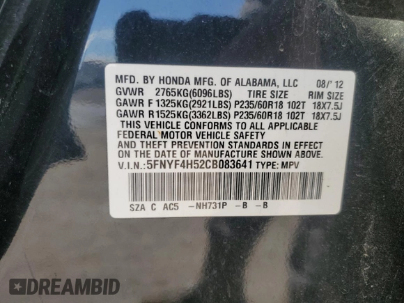2012 Honda Pilot EX-L with VIN 5FNYF4H52CB083641, listed as a Copart auction lot 46923865 with 105,120 mi miles and Salvage Title. Bid and sale history available at DreamBid. Image 13.