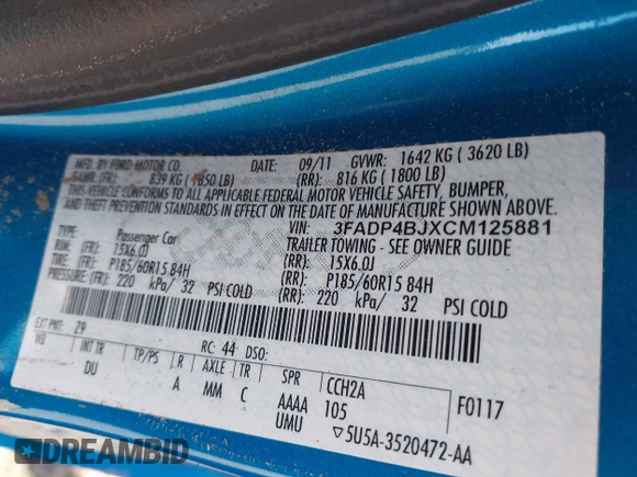 2012 Ford Fiesta SE with VIN 3FADP4BJXCM125881, listed as a IAAI auction lot 42044455 with 156,804 mi miles. Bid and sale history available at carsss.com. Image 9.
