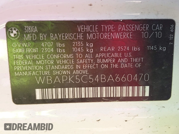 2011 BMW 3 Series 328i xDrive with VIN WBAPK5C54BA660470, listed as a IAAI auction lot 42077314 with 69,572 mi miles and . Bid and sale history available at DreamBid. Image 9.