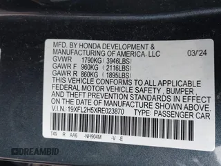 2024 Honda Civic LX z VIN 19XFL2H5XRE023870, wystawiony jako IAAI lot #41776260 z przebiegiem Nie podano mil oraz . Historia ofert i sprzedaży dostępna na DreamBid. Obrazek 9.