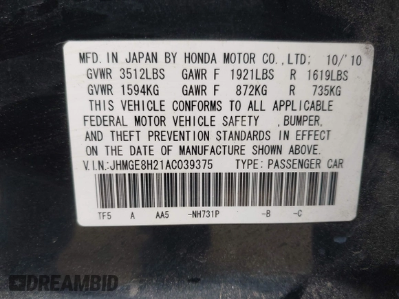 2010 Honda Fit with VIN JHMGE8H21AC039375, listed as a IAAI auction lot 42126138 with 123,077 mi miles. Bid and sale history available at carsss.com. Image 9.