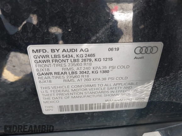 2019 Audi Q5 Premium with VIN WA1ANAFY2K2122904, listed as a IAAI auction lot 42262456 with 114,742 mi miles and . Bid and sale history available at DreamBid. Image 9.