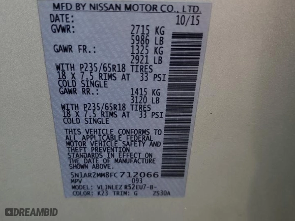 2015 Nissan Pathfinder Platinum with VIN 5N1AR2MM8FC712066, listed as a Copart auction lot 73313034 with 131,496 mi miles and Salvage Title. Bid and sale history available at carsss.com. Image 13.