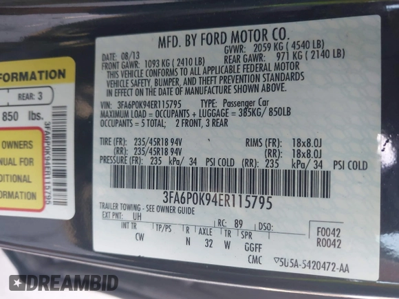2014 Ford Fusion Titanium with VIN 3FA6P0K94ER115795, listed as a IAAI auction lot 42230295 with 266,277 mi miles and . Bid and sale history available at DreamBid. Image 9.