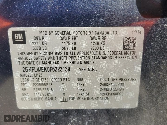 2015 GMC Terrain SLE with VIN 2GKFLWEK0F6223139, listed as a Copart auction lot 52713925 with 158,237 mi miles and Salvage Title. Bid and sale history available at DreamBid. Image 15.