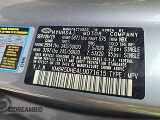 2020 Hyundai Palisade Limited with VIN KM8R5DHE4LU071615, listed as a IAAI auction lot 42566424 with 62,562 mi miles and . Bid and sale history available at DreamBid. Image 12.