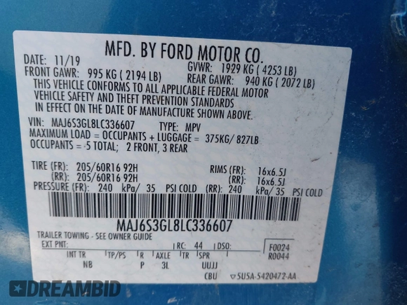 2020 Ford EcoSport SE with VIN MAJ6S3GL8LC336607, listed as a IAAI auction lot 41419824 with 47,070 mi miles. Bid and sale history available at carsss.com. Image 9.