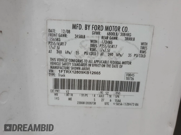 2009 Ford F-150 STX with VIN 1FTRX12809KB12665, listed as a Copart auction lot 42559065 with 300,074 mi miles and Salvage Title. Bid and sale history available at DreamBid. Image 12.