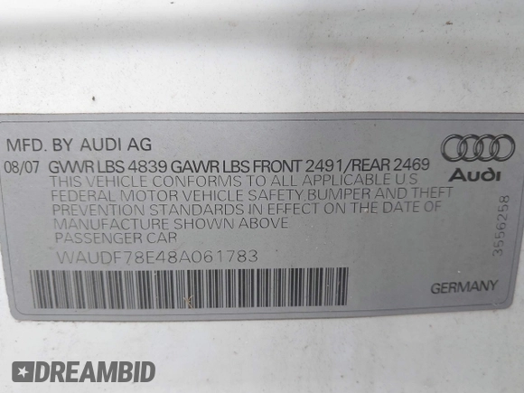 2008 Audi A4 2.0T z VIN WAUDF78E48A061783, wystawiony jako IAAI lot #41393613 z przebiegiem 178 712 mil mil oraz . Historia ofert i sprzedaży dostępna na DreamBid. Obrazek 9.
