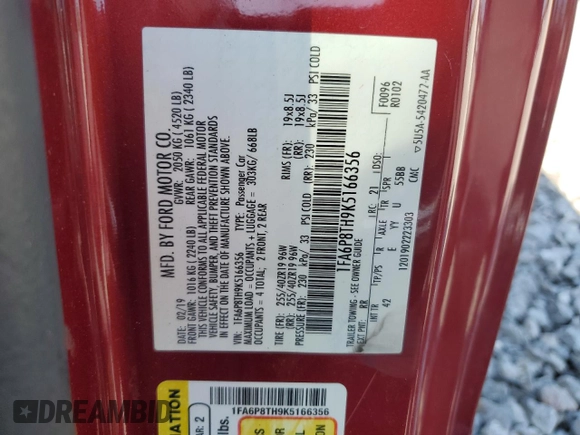 2019 Ford Mustang EcoBoost z VIN 1FA6P8TH9K5166356, wystawiony jako Copart lot #61498185 z przebiegiem 112 999 mil mil oraz Szkoda całkowita • Salvage title. Historia ofert i sprzedaży dostępna na DreamBid. Obrazek 12.