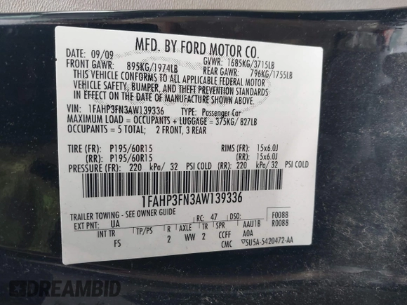 2010 Ford Focus SE with VIN 1FAHP3FN3AW139336, listed as a IAAI auction lot 42009555 with 108,814 mi miles. Bid and sale history available at carsss.com. Image 9.