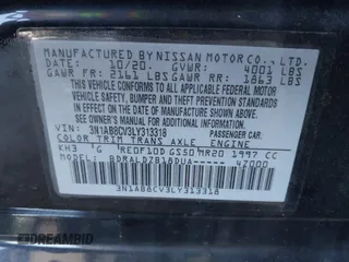 2020 Nissan Sentra SV with VIN 3N1AB8CV3LY313318, listed as a IAAI auction lot 42561962 with 25,836 mi miles and . Bid and sale history available at DreamBid. Image 9.