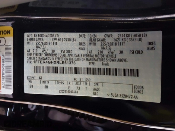 2024 Ford Ranger XLT with VIN 1FTER4GHXRLE61376, listed as a IAAI auction lot 41568211 with 278 mi miles and . Bid and sale history available at DreamBid. Image 9.