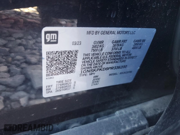 2023 Chevrolet Tahoe Z71 z VIN 1GNSKPKD8PR336200, wystawiony jako Copart lot #79418844 z przebiegiem Nie podano mil oraz Szkoda całkowita • Salvage title. Historia ofert i sprzedaży dostępna na DreamBid. Obrazek 15.
