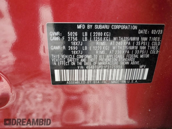 2023 Subaru Outback Touring XT with VIN 4S4BTGPD1P3175959, listed as a Copart auction lot 55245965 with 39,309 mi miles and Salvage title. Bid and sale history available at DreamBid. Image 13.