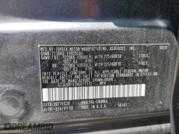 2021 Toyota RAV4 Hybrid XSE with VIN 4T3E6RFV2MU011112, listed as a Copart auction lot 54613935 with Not provided miles and Salvage title. Bid and sale history available at DreamBid. Image 13.