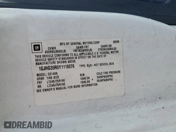 2000 GMC Savana z VIN 1GJHG35R0Y1116076, wystawiony jako Copart lot #50339725 z przebiegiem 263 035 mil mil oraz Nie do naprawy • Non repairable. Historia ofert i sprzedaży dostępna na DreamBid. Obrazek 14.