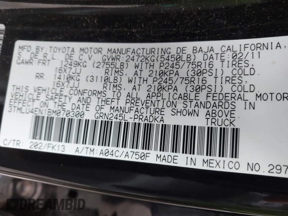 2011 Toyota Tacoma with VIN 3TMLU4EN1BM070300, listed as a IAAI auction lot 41710119 with 199,099 mi miles and . Bid and sale history available at DreamBid. Image 9.