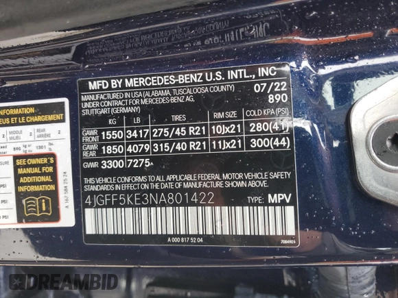 2022 Mercedes-Benz GLS 450 with VIN 4JGFF5KE3NA801422, listed as a Copart auction lot 56719855 with 54,072 mi miles and Salvage title. Bid and sale history available at DreamBid. Image 13.