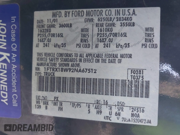 2002 Ford F-150 XL with VIN 1FTRX18W92NA67512, listed as a IAAI auction lot 41485139 with 204,245 mi miles and . Bid and sale history available at DreamBid. Image 9.