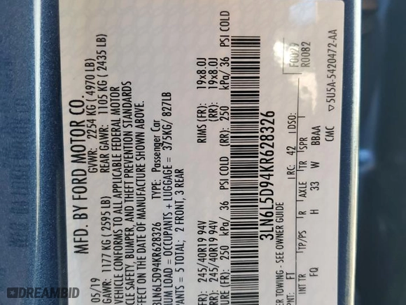 2019 Lincoln MKZ Reserve I with VIN 3LN6L5D94KR628326, listed as a Copart auction lot 76389274 with 56,194 mi miles and Salvage Title. Bid and sale history available at carsss.com. Image 12.