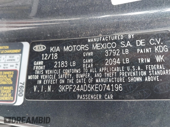 2019 Kia Forte LXS with VIN 3KPF24AD5KE074196, listed as a IAAI auction lot 42137376 with 109,067 mi miles and . Bid and sale history available at DreamBid. Image 9.