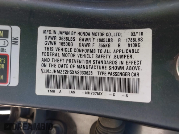 2010 Honda Insight LX с VIN JHMZE2H5XAS033628, выставлен на аукционе IAAI как лот 42326613 с пробегом 239 068 миль миль и . История ставок и продаж доступна на DreamBid. Изображение 9.
