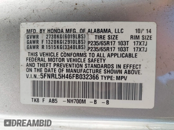 2015 Honda Odyssey EX with VIN 5FNRL5H46FB032366, listed as a IAAI auction lot 42034443 with 154,679 mi miles and . Bid and sale history available at DreamBid. Image 9.
