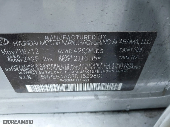 2013 Hyundai Sonata GLS with VIN 5NPEB4AC7DH529809, listed as a IAAI auction lot 41921036 with 205,652 mi miles. Bid and sale history available at carsss.com. Image 9.