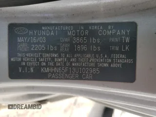 2003 Hyundai Tiburon GT z VIN KMHHN65F13U102985, wystawiony jako Copart lot #45294325 z przebiegiem 326 919 mil mil oraz Szkoda całkowita • Salvage title. Historia ofert i sprzedaży dostępna na DreamBid. Obrazek 12.
