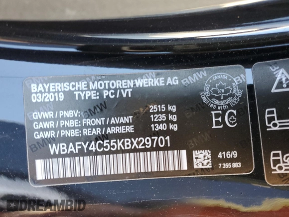 2019 BMW 8 Series M850i xDrive with VIN WBAFY4C55KBX29701, listed as a Copart auction lot 72955333 with Not provided miles and Salvage title. Bid and sale history available at DreamBid. Image 13.