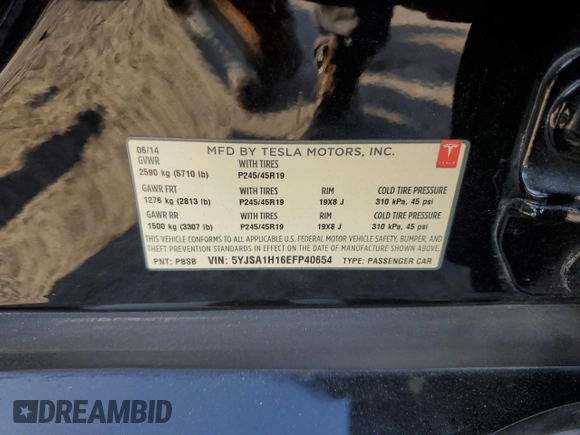 2014 Tesla Model S 60 с VIN 5YJSA1H16EFP40654, выставлен на аукционе Copart как лот 72070974 с пробегом Не указан миль и Списание • Salvage title. История ставок и продаж доступна на DreamBid. Изображение 14.