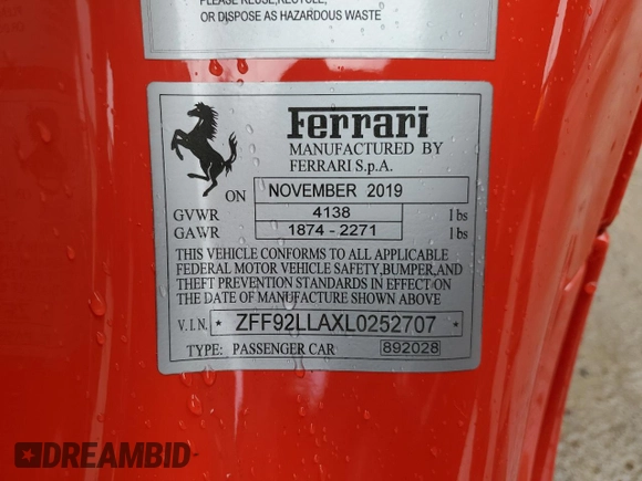 2020 Ferrari F8 z VIN ZFF92LLAXL0252707, wystawiony jako Copart lot #43547204 z przebiegiem 4092 mil mil oraz . Historia ofert i sprzedaży dostępna na DreamBid. Obrazek 13.