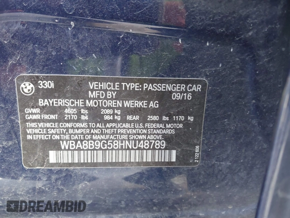 2017 BMW 3 Series 330i with VIN WBA8B9G58HNU48789, listed as a IAAI auction lot 41845532 with 139,033 mi miles. Bid and sale history available at carsss.com. Image 9.
