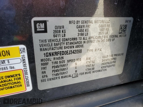 2014 Chevrolet Traverse LS z VIN 1GNKRFED0EJ342098, wystawiony jako Copart lot #57020415 z przebiegiem 143 836 mil mil oraz Szkoda całkowita • Salvage title. Historia ofert i sprzedaży dostępna na DreamBid. Obrazek 14.