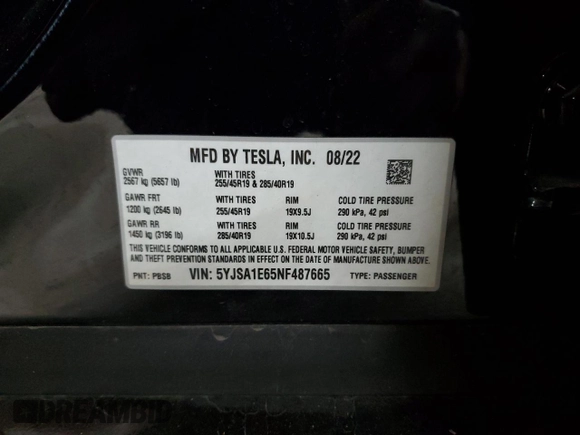2022 Tesla Model S Plaid с VIN 5YJSA1E65NF487665, выставлен на аукционе Copart как лот 55261025 с пробегом Не указан миль и Списание • Salvage title. История ставок и продаж доступна на DreamBid. Изображение 13.