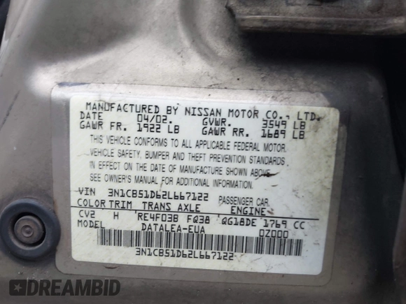 2002 Nissan Sentra GXE with VIN 3N1CB51D62L667122, listed as a IAAI auction lot 41976116 with 140,868 mi miles and . Bid and sale history available at DreamBid. Image 9.