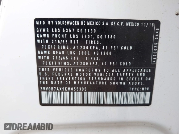 2019 Volkswagen Tiguan S z VIN 3VV0B7AX9KM055305, wystawiony jako IAAI lot #42160128 z przebiegiem 67 826 mil mil oraz . Historia ofert i sprzedaży dostępna na DreamBid. Obrazek 9.
